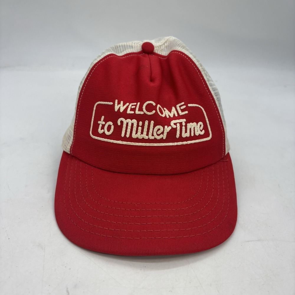 Vintage Welcome To Miller Time Hat SnapBack Trucker Mesh Cap Beer Red Gray